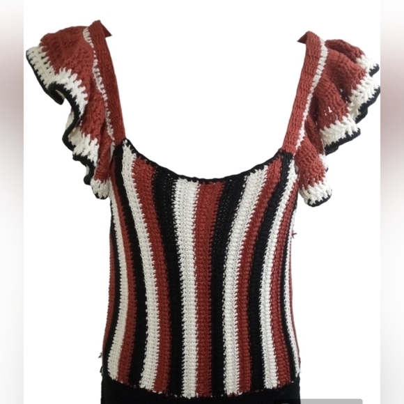 Zara Limited Edition Rust White Black Crocheted Ruffles Trim Striped Jum… - Picture 5 of 9